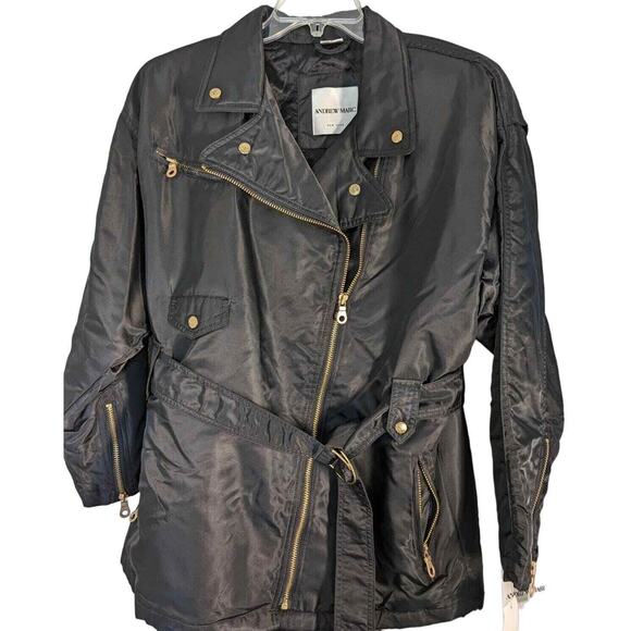 NEW Andrew Marc New York Womens Large Black Jacket Belted Asymmetric Zipper Coat - Picture 1 of 17
